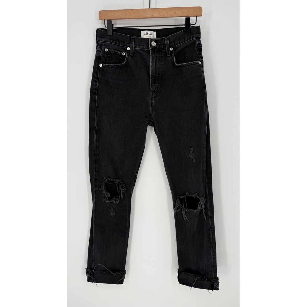 AGOLDE CHERIE HIGH RISE STRAIGHT LEG JEANS DISTRESSED WASHED BLACK COTTON FABRIC